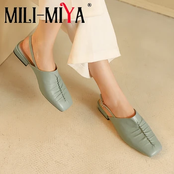 

MILI-MIYA Comfortable Square Toe Women Full Genuine Leather Sandals Slingbacks Buckle Strap Solid Color Square Heels Size 34-40