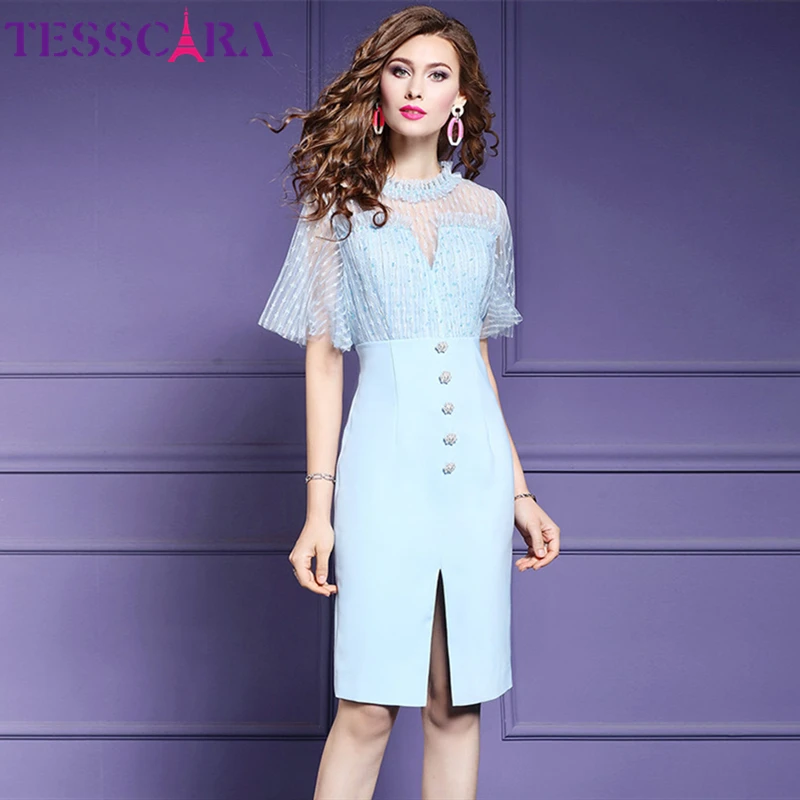 TESSCARA Women Summer Elegant Blue Mesh Dress Female Office Lady Party Robe Femme Beading Designer High Quality Pencil Vestidos