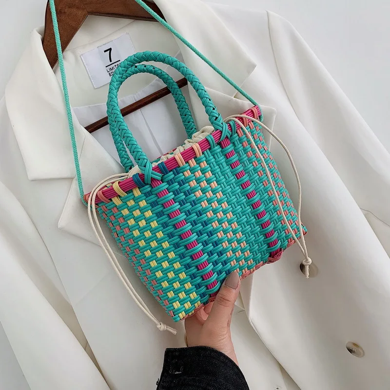 

Straw Basket Bag Women's 2019 New Style Fashion Korean-style Mixed Colors Weaving Handbag Plaid Shoulder Bucket Bag