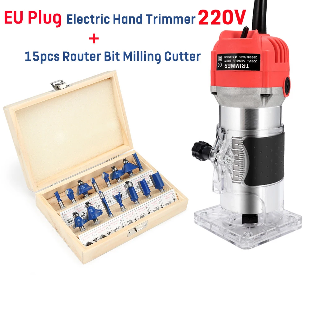 EU with 15pcs cutter Электрический ручной триммер по дереву фрезерный станок 6,35 мм цанговый резной станок+ фрезы деревообрабатывающие электроинструменты - Цвет: EU with 15pcs cutter