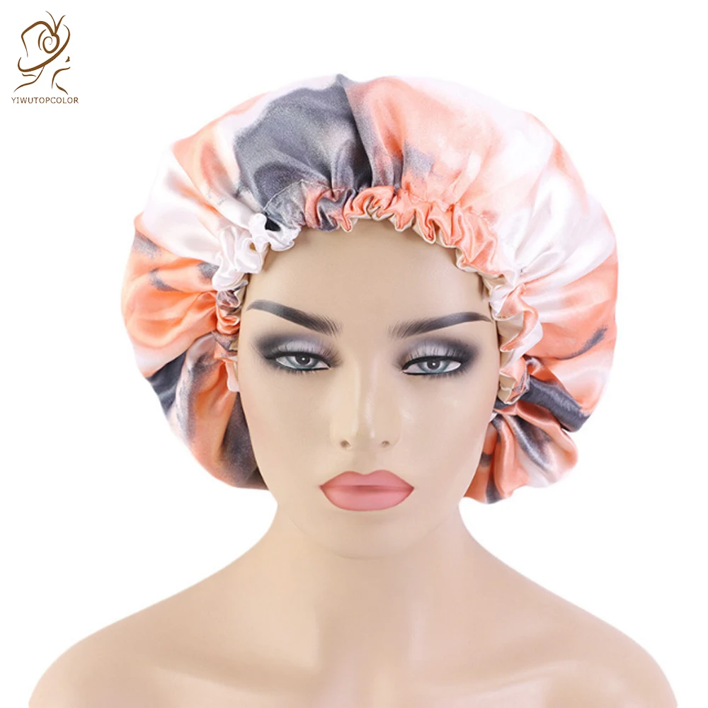The New Imitation Silk Night Cap Double Layer Adjustable Elastic Cord Satin Shower Ink Painting Color Ladies Haircut Hat | Аксессуары