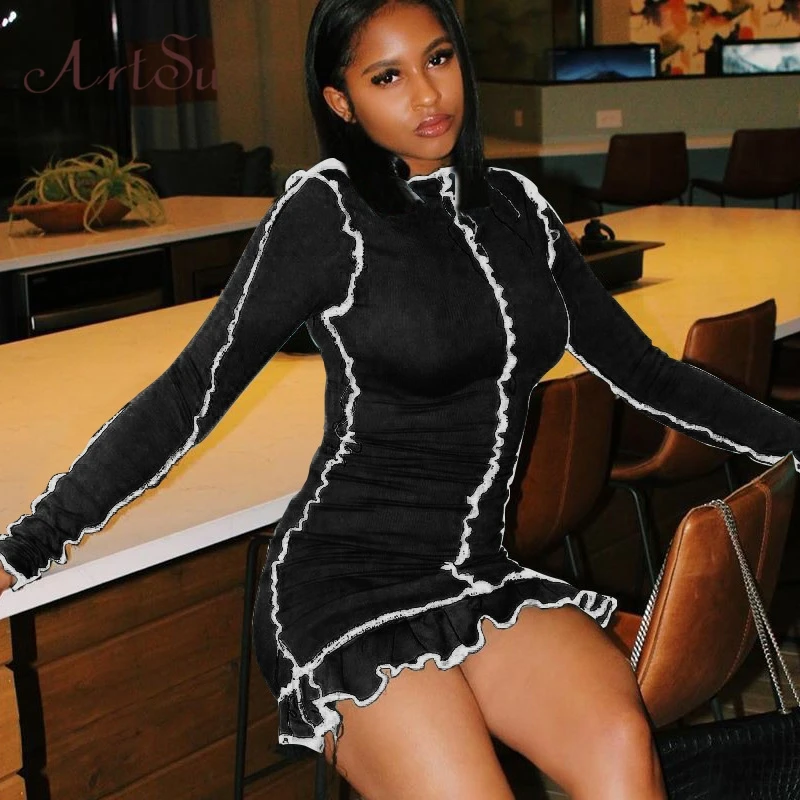 Artsu 2020 Long Sleeve Slit Bodycon Sexy Mini Dress Club Wear Sundress Slim Dresses Women Fashion Streetwear Outfits Clothes | Женская