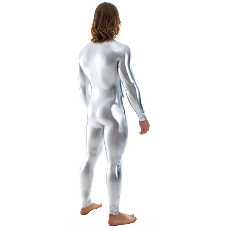 Shiny Metallic Zentai Bodysuit Men Long Sleeve Front Zip Unitard Costumes Ballroom Performer Clothes Nightclub Onstage Dancewear