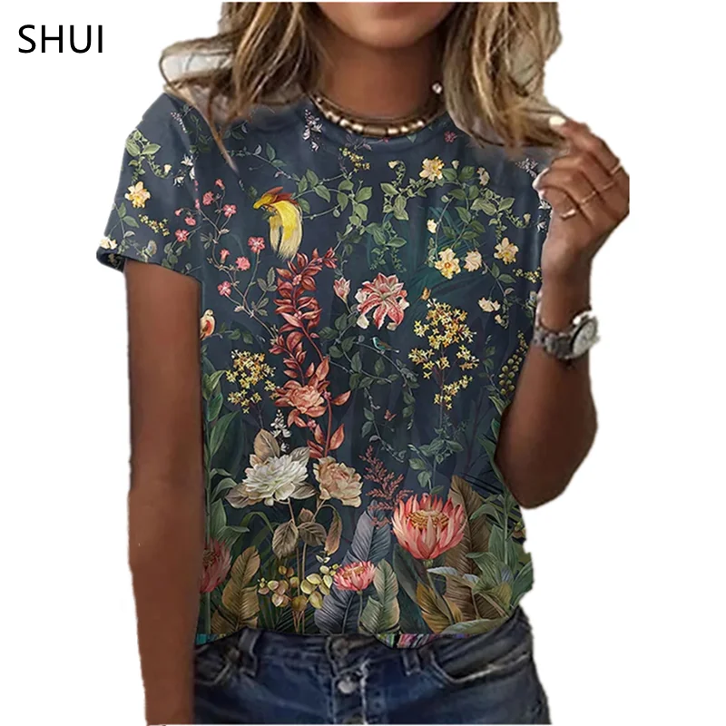 Women's Summer Loose Top Floral 3D Printing T-Shirt Round Neck Casual Shirt Summer Versatile Short Sleeve T-Shirt vintage tees