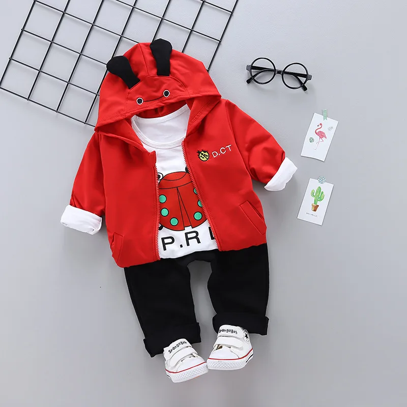 Весенне-осенние детские комплекты одежды для мальчиков и девочек пальто с капюшоном и рисунком для малышей, футболка и штаны комплект из 3 предметов хлопковый спортивный костюм для малышей