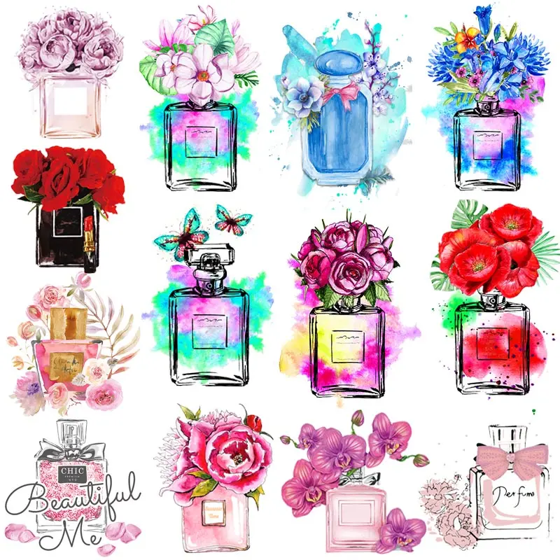 

Perfume Bottle Patch Applique Iron On Transfer For Clothing Flower Stickers Fashion Women Heat Transfer Vinyl Patches On Clothes