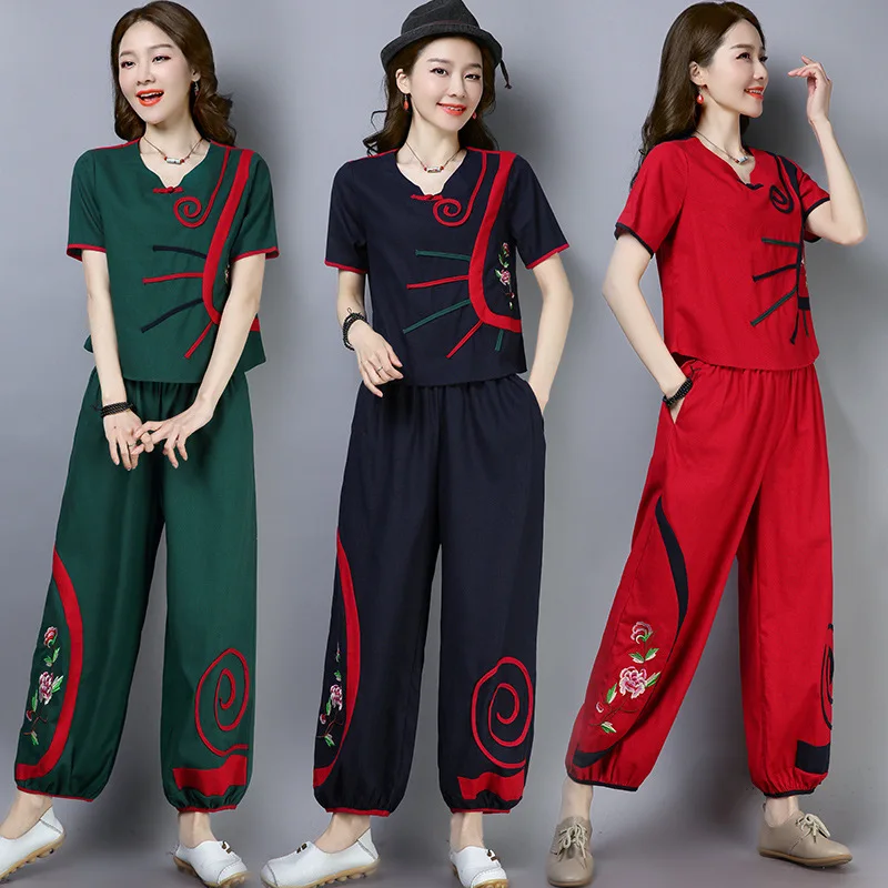 

2019 Spring New Style Ethnic-Style Embroidered Cotton Linen Large Size Loose-Fit Loose Pants + Tops Set