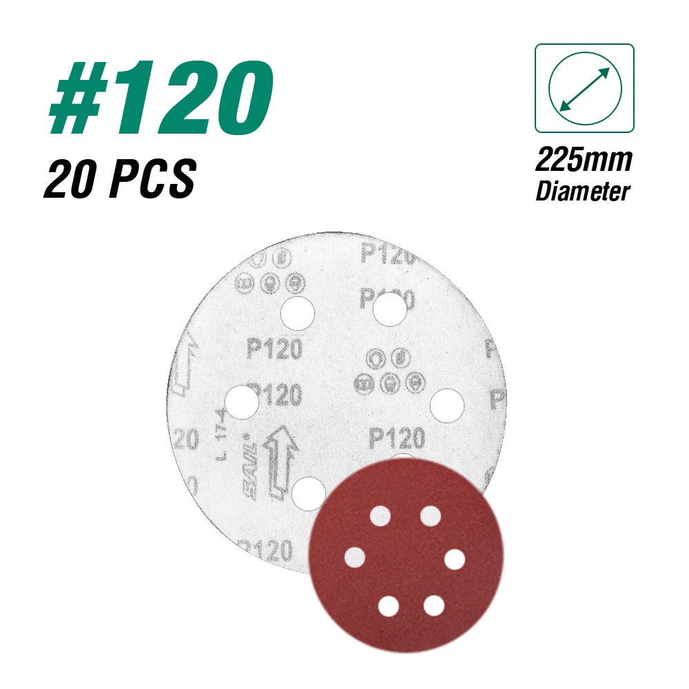 120grit 225mm 20pcs LANNERET наждачная бумага 180 мм/215 мм отверстия шлифовальная бумага 100-320грит Электрический Гипсокартон Шлифовальный Станок полировщик оксид алюминия крюк и петля - Цвет: 120grit 225mm 20pcs