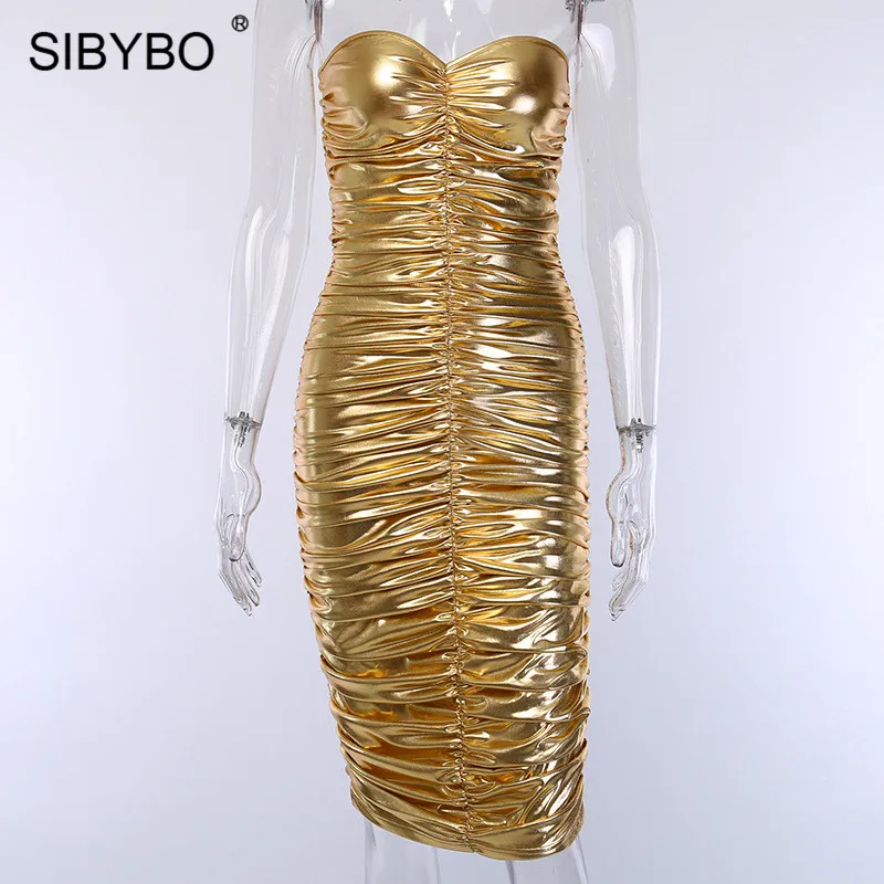 SIBYBO, плиссированное сексуальное облегающее платье с открытыми плечами, без бретелек, без рукавов, облегающее летнее женское платье, открытая спина, Клубные вечерние платья, короткое
