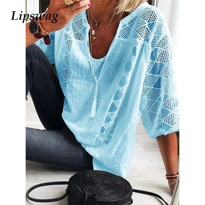 

Casual Plus Size Loose Cotton Line Blouse Summer Sexy V Neck Tassel Shirt Spring Three Quarter Sleeve Hollow Out Lace Tops Blusa
