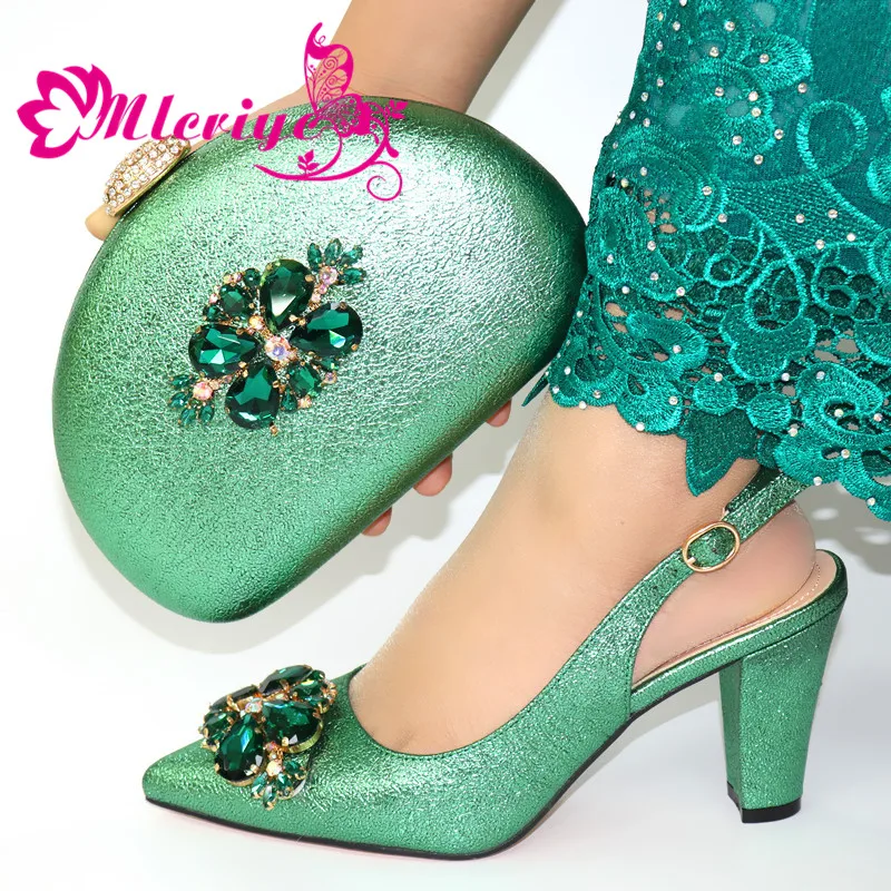 

Green Color Decorated With Rhinestone Shoes And Bag Set African Summer High Heels Shoes And Bag Set For Parties