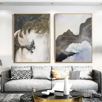 

2 pieces Gold line abstract canvas paintings wall art pictures for living room home hallway decor acrylic quadro thick texture