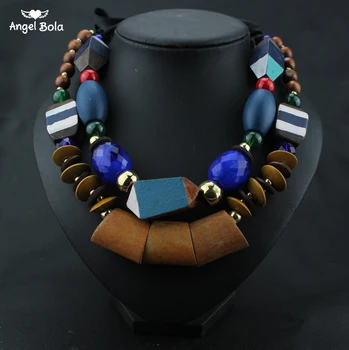 

2019 Fashion Vintage Gold Color Boho Crystal Collar Choker Necklace Power Blue Big Wooden Statement Maxi Necklace Women Jewelry