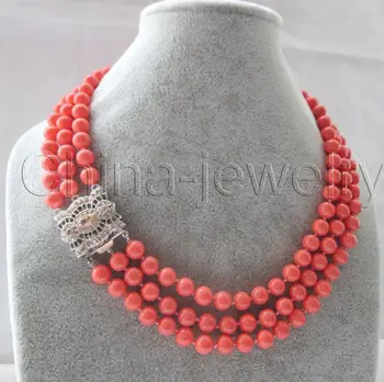 

Jewelry Free Shipping Wholesale priceAAA 3row 17-19 " 8mm perfect round pink coral necklace - white gild zircon clasp