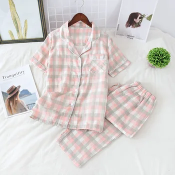 

Loose 2PCS Sleepwear Spring&Summer Women's Short Sleeved Shirt&Trousers Home Clothes Cotton Gauze Large Japanese Plaid Pajamas