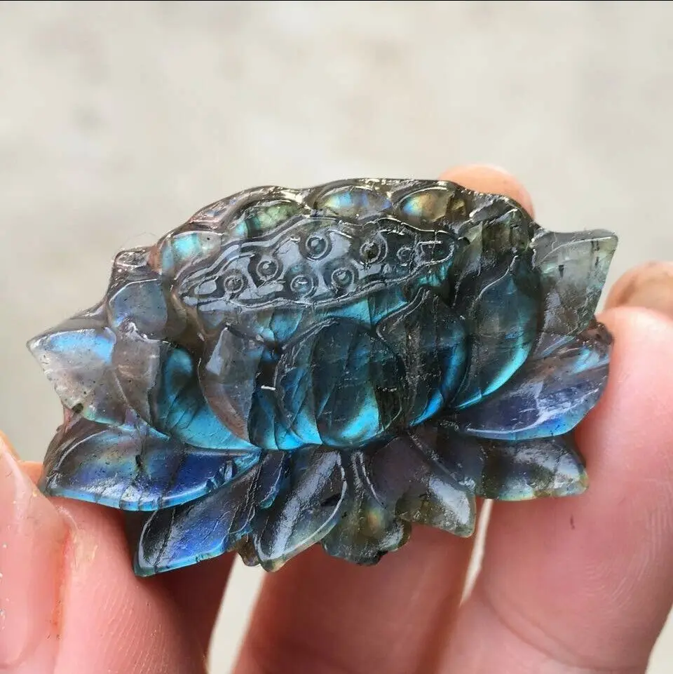 Natural Hand Carved Labrador Mineral Crystal Lotus Flower Statue Crystal Figurine Pendant Crafts Gifts 4