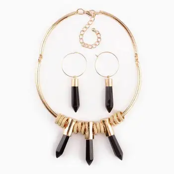 

New Design Gold Circle Charm Chain Spike Pendant Choker Statement Earrings Set Necklace for Women
