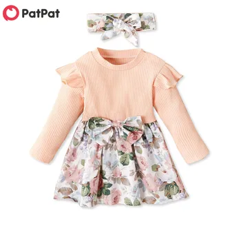 

PatPat 2020 New Spring 2-piece Baby / Toddler Flutter-sleeve Splice Floral Dress and Headband Set