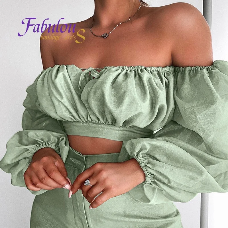 FABANDAGE 2019 зеленая и белая укороченная блузка с длинными рукавами фонариками