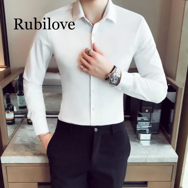 Rubilove деловые рубашки Новая модная брендовая одежда Мужская Рабочая Рубашка с длинным рукавом эластичная приталенная рубашка большого размера S-5XL Повседневная рубашка - Цвет: White