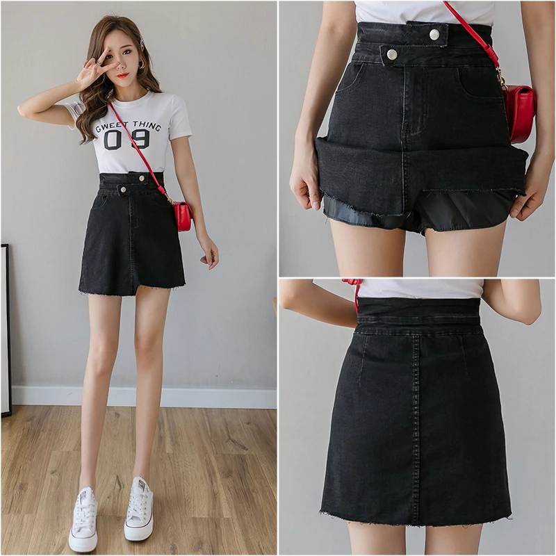 

2020 Summer High Waist Denim Short Skirt Female Anti-glare Simple Asymmetric Stretch Wild A-line Skirt Skirts Womens