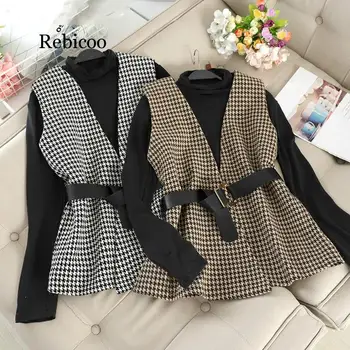 

2019 Office Lady Two Pieces Plaid V Enck Women Vest + Solid tops Korean Work Fashion Autumn Winter Outwear