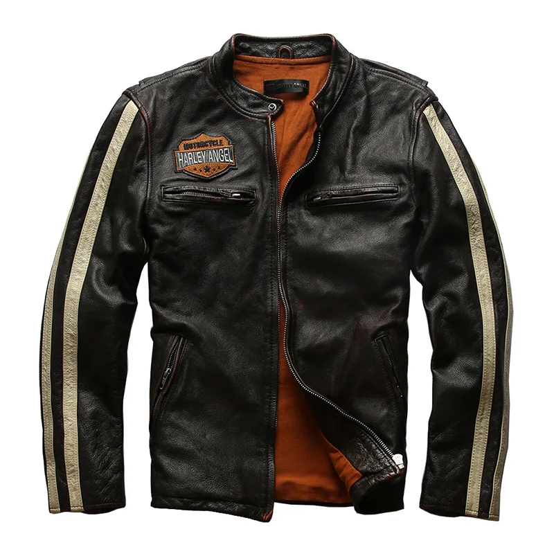 Promo 98922 Read Description! Asian size men's cow leather jacket mens genuine cowhide leather vintage jacket