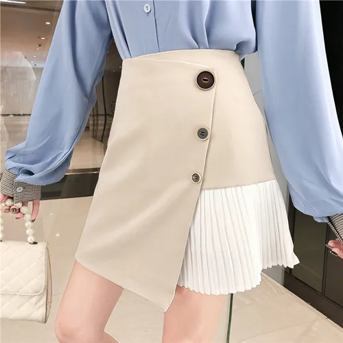 khaki skirt L Модный костюм с юбкой, клетчатая рубашка+ юбка с высокой талией, женская блузка с длинным рукавом, нестандартная мини-юбка, комплекты - Цвет: khaki skirt L