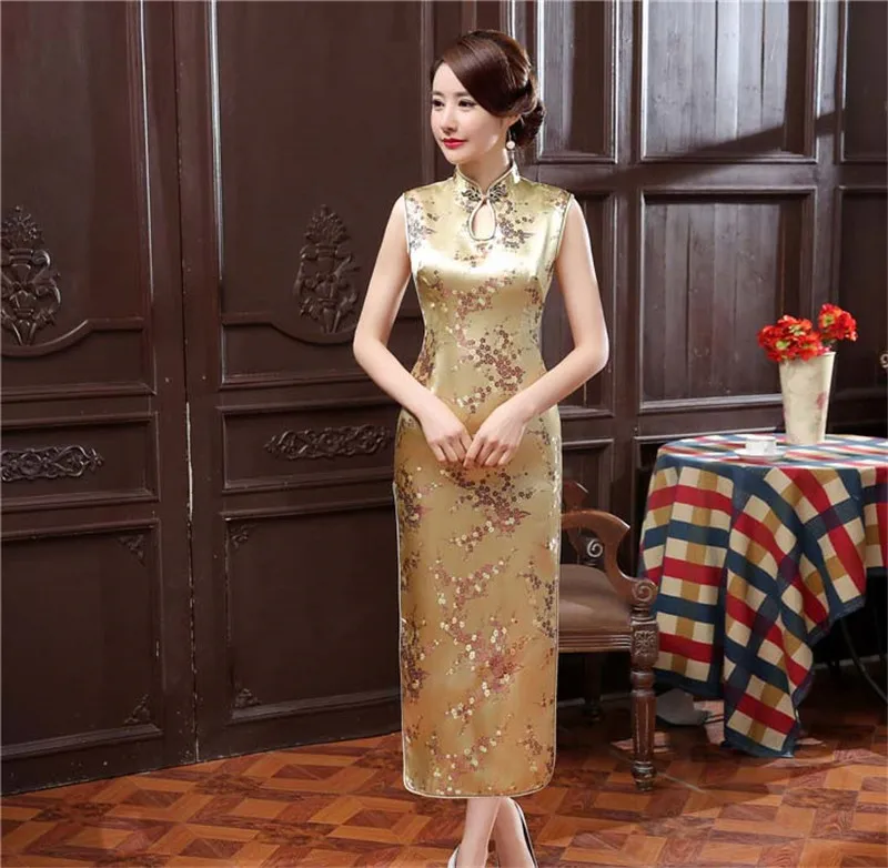 Темно-синий воротник мандарина женское Ципао без рукавов Длинный атласный Qipao Винтаж Кнопка сексуальное китайское платье Элегантная Новинка Vestidos