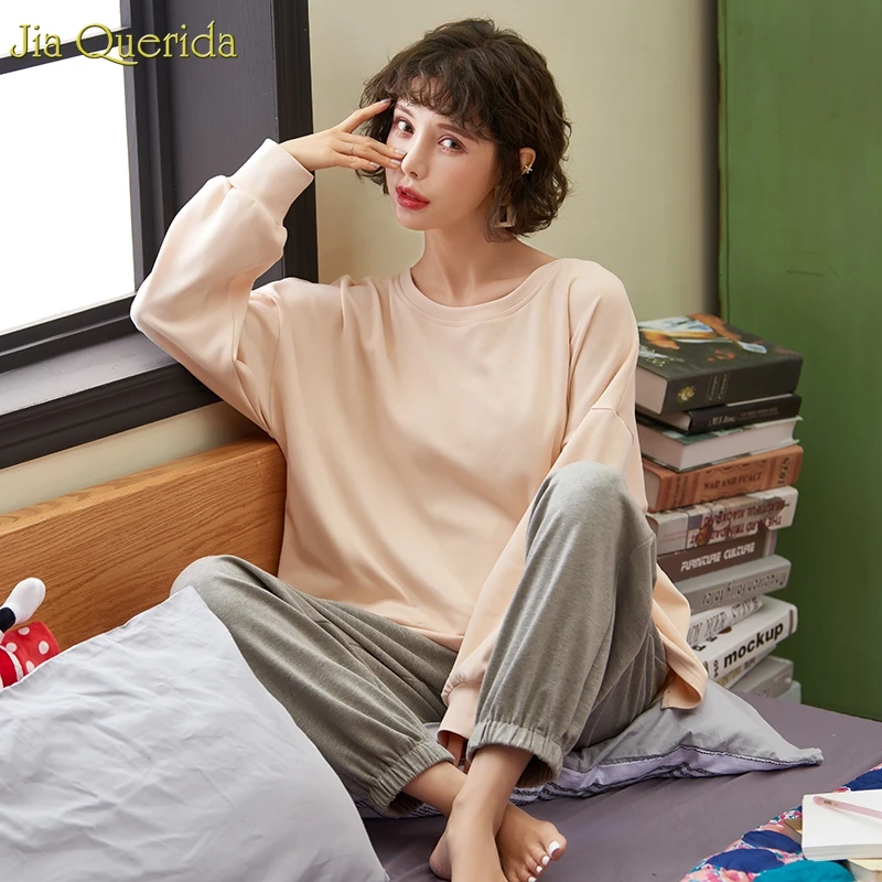

Woman Clothes Homesuit Sleepwear Home Clothes Lady's Cuffs Crew Neck Minimalist Style Soft Pj Set Women Pajamas Fashion Student