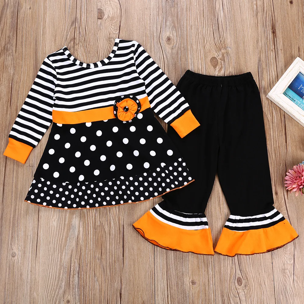 

Hot Selling Childrenswear Halloween Girls Stripes Dotted Long Sleeve Skirt Bell-bottom Pants Two-Piece Set CHILDREN'S Suit