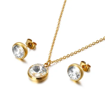 

Glass Round Charm Jewelry Set For Women Stainless Steel Drop Necklace Pendant Earrings Statement Party Gift