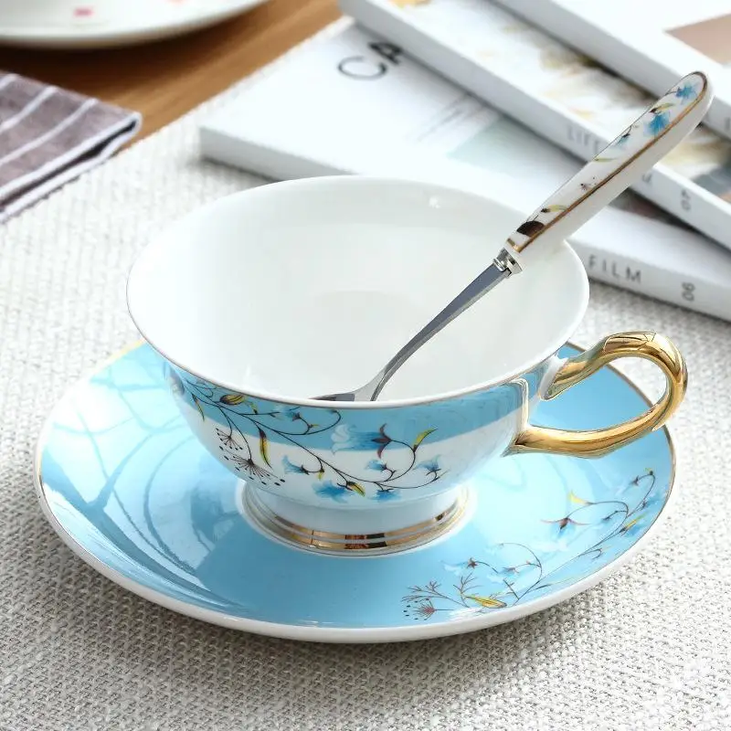 

Sky Blue Style Floral Coffee Cup Set Office Mug With Handle Heat Insulation Coffee Mug Spoon Dish Decorative Caneca Drinkware