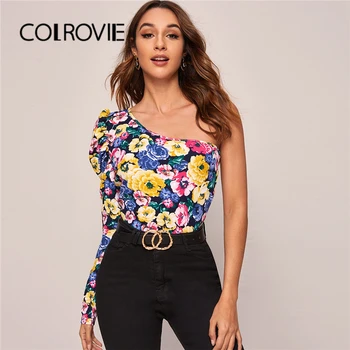 

COLROVIE One Shoulder Gigot Sleeve Floral Print Top Women Sexy Slim Fit Multicolor Tees 2020 Spring Ladies Casual Pullover Tops