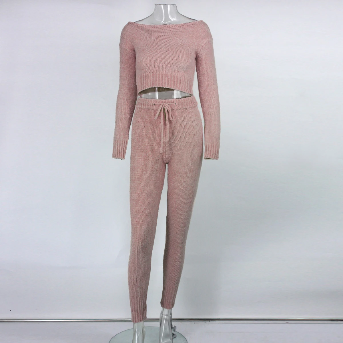 Feditch, вязаный свитер, комплект из двух предметов, женский короткий топ с длинным рукавом, длинные штаны, сексуальный осенний зимний комплект из 2 предметов, элегантная одежда - Цвет: Pink