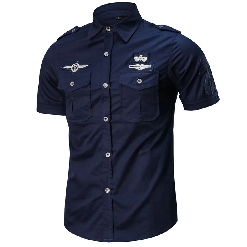 Camisas Hombre,, мужская рубашка, модная, повседневная, военная, чистый цвет, с карманом, короткий рукав, свободная, с отложным воротником, обычная, Camisa