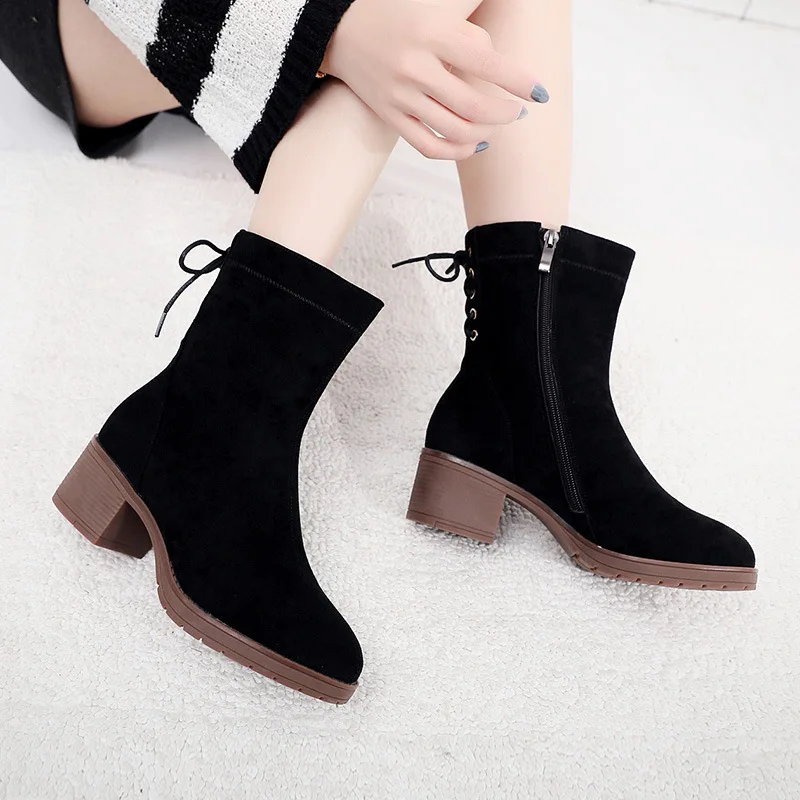 

Classics Solid Chelsea Boots Women Zipper Round Toe High Ankle Boots Square Heel Office Ladies Shoes