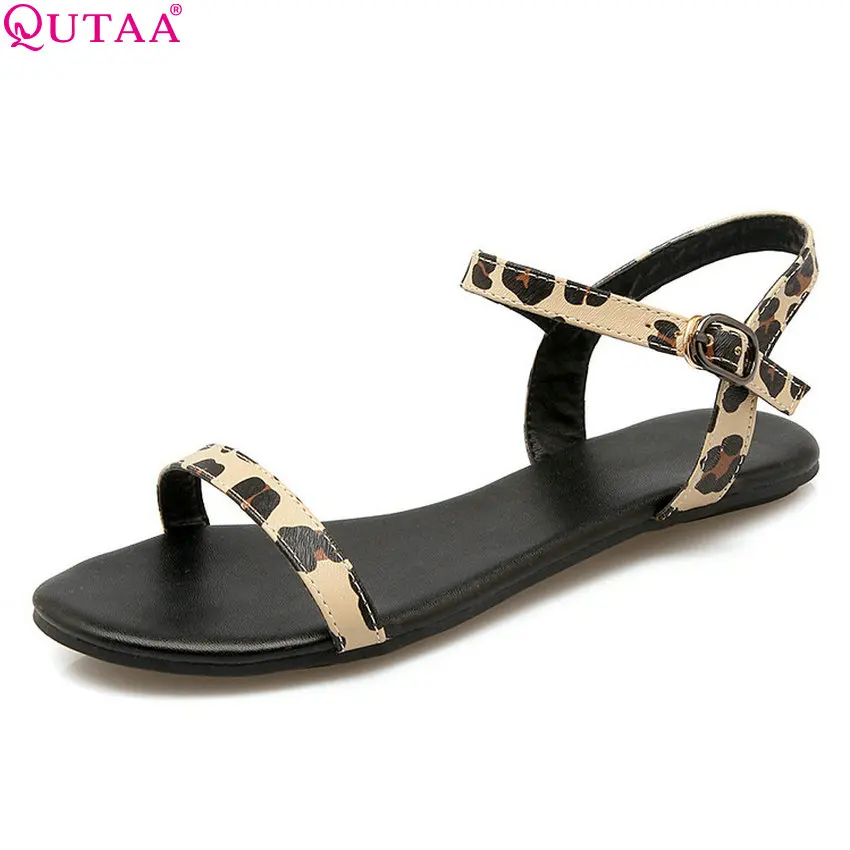 

QUTAA 2020 Women Sandals Fashion Shoes Pu Leather All Match Sandals Low Heel Leopard Westrn Style Women Sandals Size 34-43