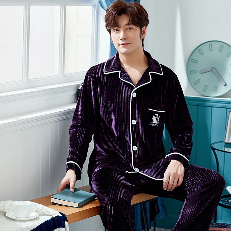 men stripe purple Осень-зима, тонкая мягкая бархатная Пижама, набор, Женская длинная Пижама, Пижама для пары, Корейская домашняя пижама, кардиган, пижама DSFZ - Цвет: men stripe purple