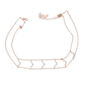 

DOUBLE chain link tiny NECKLACE delicate rose gold short choker cz 925 fine silver Necklace Women Heart layer Necklace Drop ship