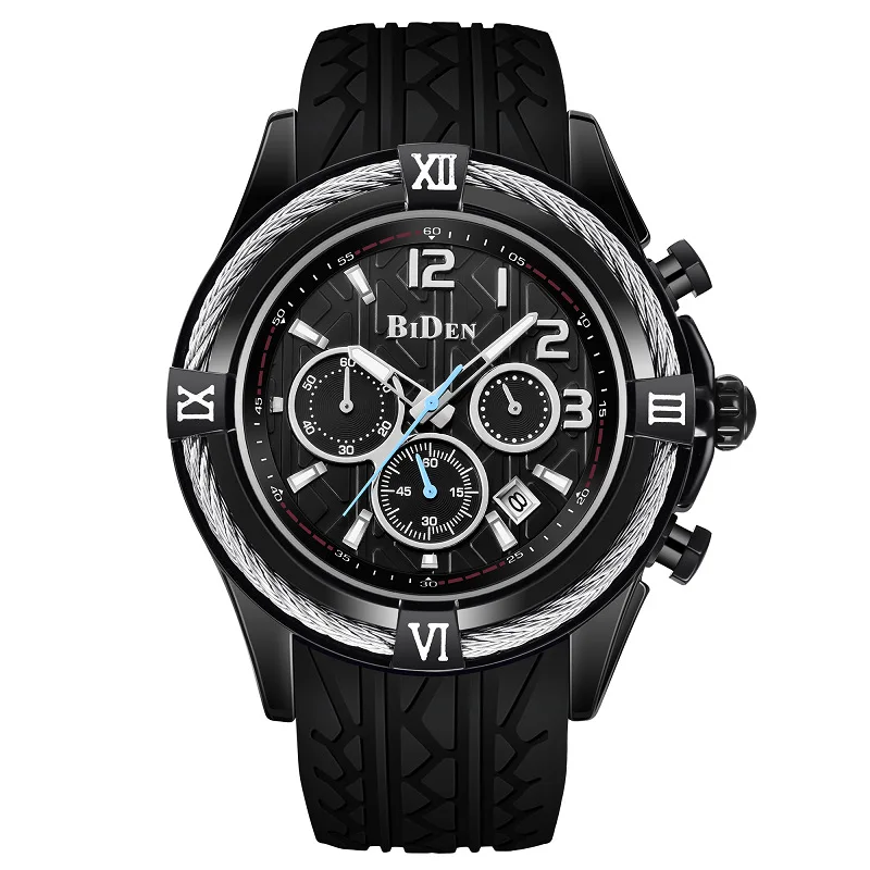 all black no box BIDEN Бизнес Спортивные часы с большим циферблатом, мужские роскошные брендовые водонепроницаемые часы с хронографом, силиконовые кварцевые армейские военные наручные часы Relogio - Цвет: all black no box