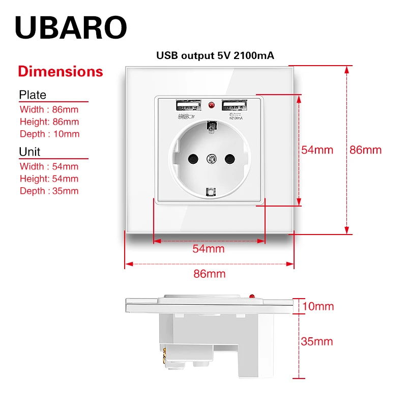 UBARO EU Standard Single Wall Socket With USB Home Outlet Electrical Plug Crystal Tempered Glass Panel 110-250V Home Appliance