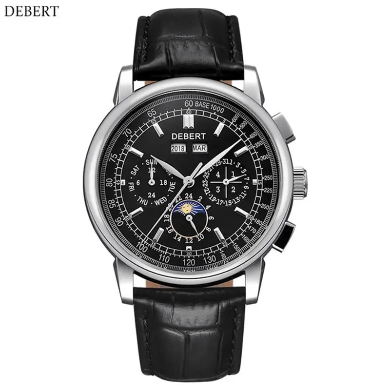 Debert 42mm Top Brand Watch Men Moon Phase White Dial Silver stainless steel Case Seagull Automatic watch часы мужские - Цвет: black dial