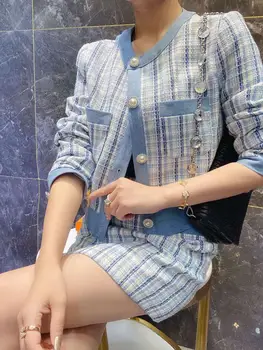 

2020 New Autumn Runway Plaid Tweed Suit Set Women Single Breasted Short Top+ High Waist Mini Skirt Blue Suit