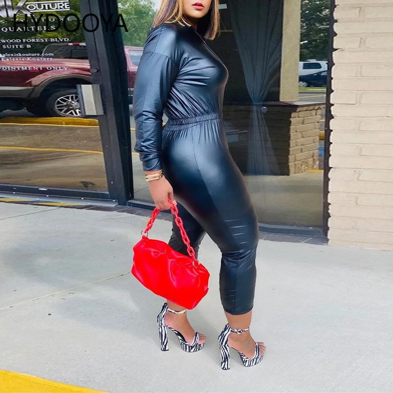 Bright Faux PU Leather Plus Size 2 Piece Set Women Clothing Hooded Long Sleeve Tops and Slim Pant Suits Dropshipping Wholesale