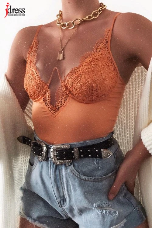 IDress 2020 New Sexy Satin Bodysuit Top Lace Flower Embroidery Body Top Women Skinny V Neck Steel Ring Bodysuit Summer Overalls (5)