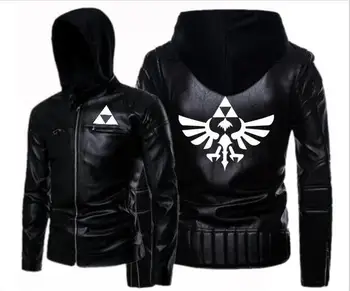

Men's Games Zelda Legend Leather Hooded Jacket Punk Double Zip Hooded Leather Motorcycle Leather Jacket