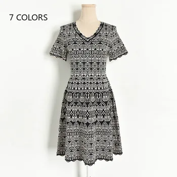 

2020 New Runway Dress Retro Hit Color Jacquard Knit Summer Dress Women V Neck Short Sleeve A Line Jumper Dress Vestidos Robes