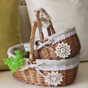 

1Pc Wicker Woven Storage Basket Linen Lace Storage Holder Picnic Basket Container Wicker Food Tray Decorative Wedding Basket