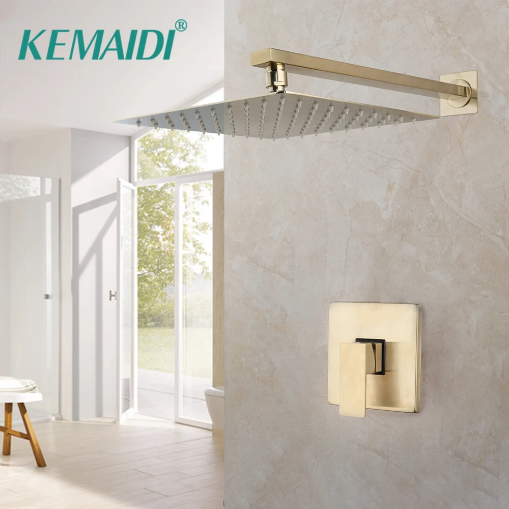 

KEMAIDI Wall Mount 10" Rainfall Shower Faucet With Embedded Box Mixer Tap Bathtub Shower Systerm Brushed Gold Shower Faucet Set